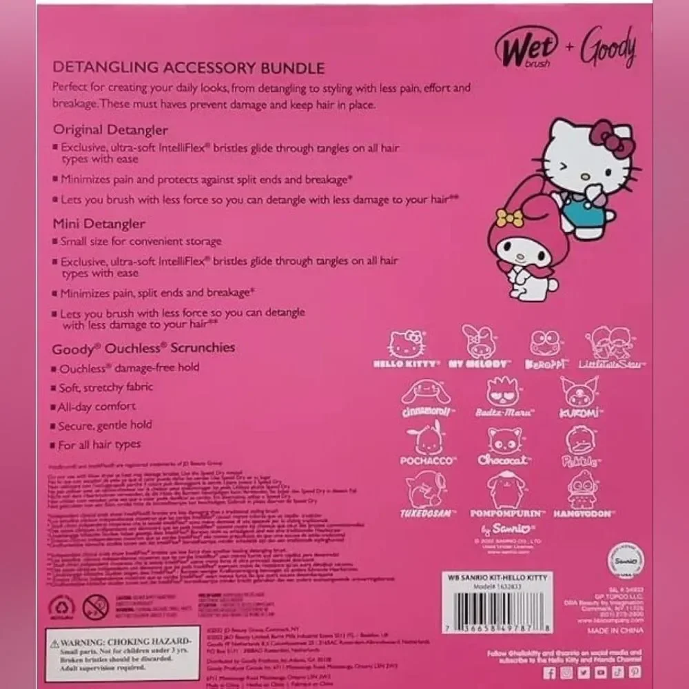 Hello Kitty Wet Brush + Goody Detangling Accessory Bundle Scrunchies Pink NIB